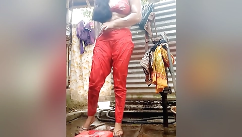 Desi Village Bhabi Bath In Open Bathroom. She Is So Pretty And Good Looking