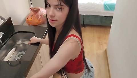 The Delivery Man Fucks A Client At Her House In The Kitchen Beautiful 18 teen 18+